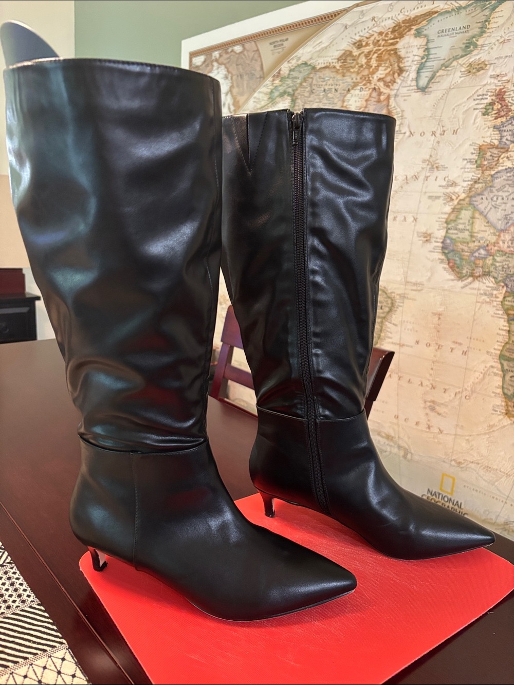 Comfortview Black Knee-High Pointed Toe Low Kitten Heel Boots